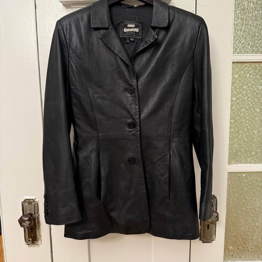 Vintage Escada Black Leather Blazer – Large | Tailored Genuine Leather Jacket